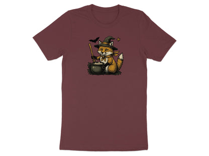 Fox wearing a witch hat stirs a cauldron with a bat flying nearby.