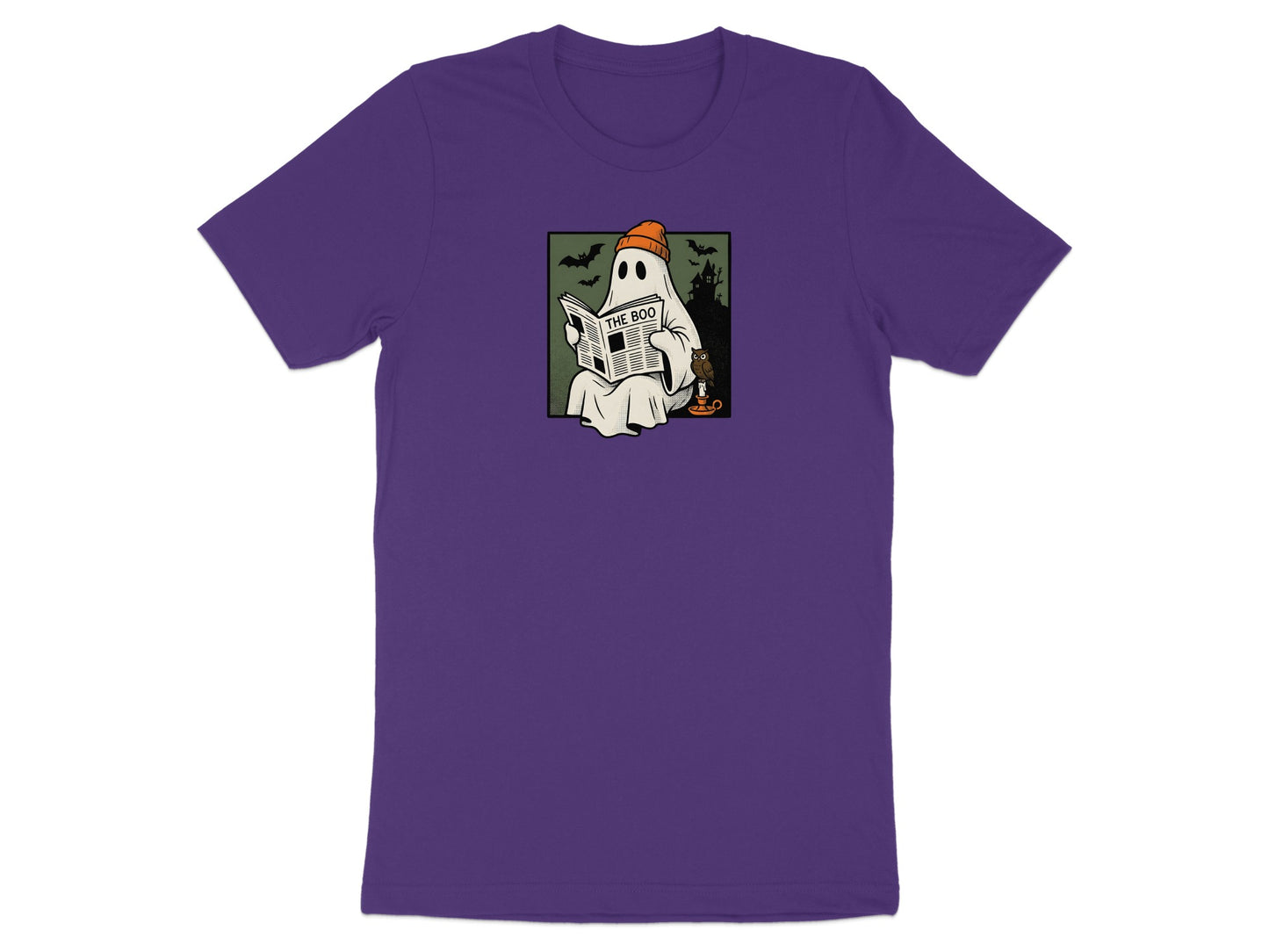 Ghost wearing beanie reads "The Boo" newspaper with owl and spooky house.