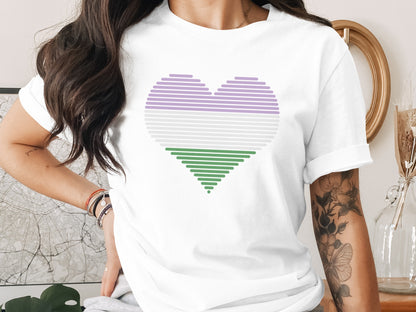 White t-shirt with a striped genderqueer pride heart design.
