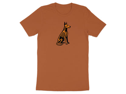 Orange t-shirt with a black and orange dog skeleton graphic on the left chest.