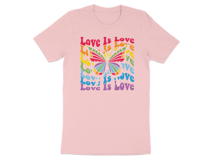 Pink t-shirt with rainbow butterfly and "Love Is Love" text.