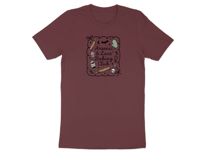Maroon t-shirt with "Arsenic & Lace Baking Club" graphic, featuring baking tools and spooky elements.