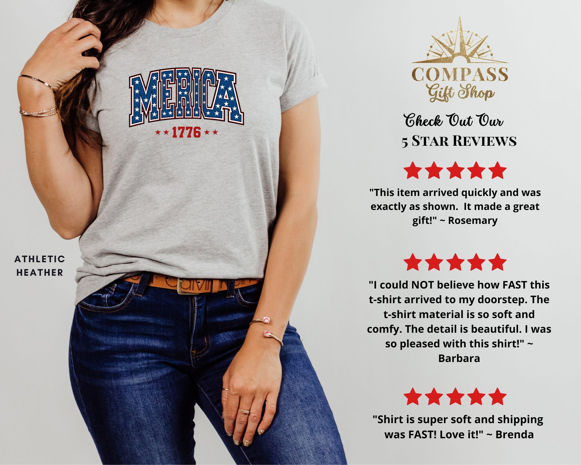 Grey heather t-shirt with "MERICA 1776" graphic and positive customer reviews.
