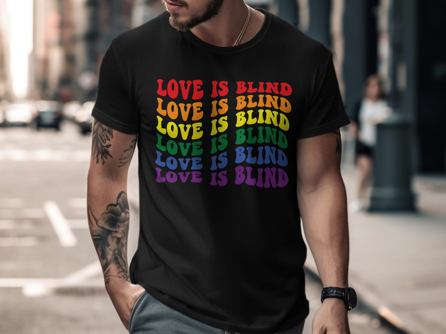 Black t-shirt with "LOVE IS BLIND" in rainbow text.