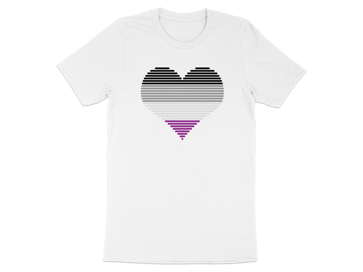 White t-shirt with a stylized heart made of horizontal black, gray, and purple stripes.