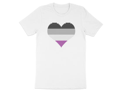 White t-shirt with a stylized heart made of horizontal black, gray, and purple stripes.