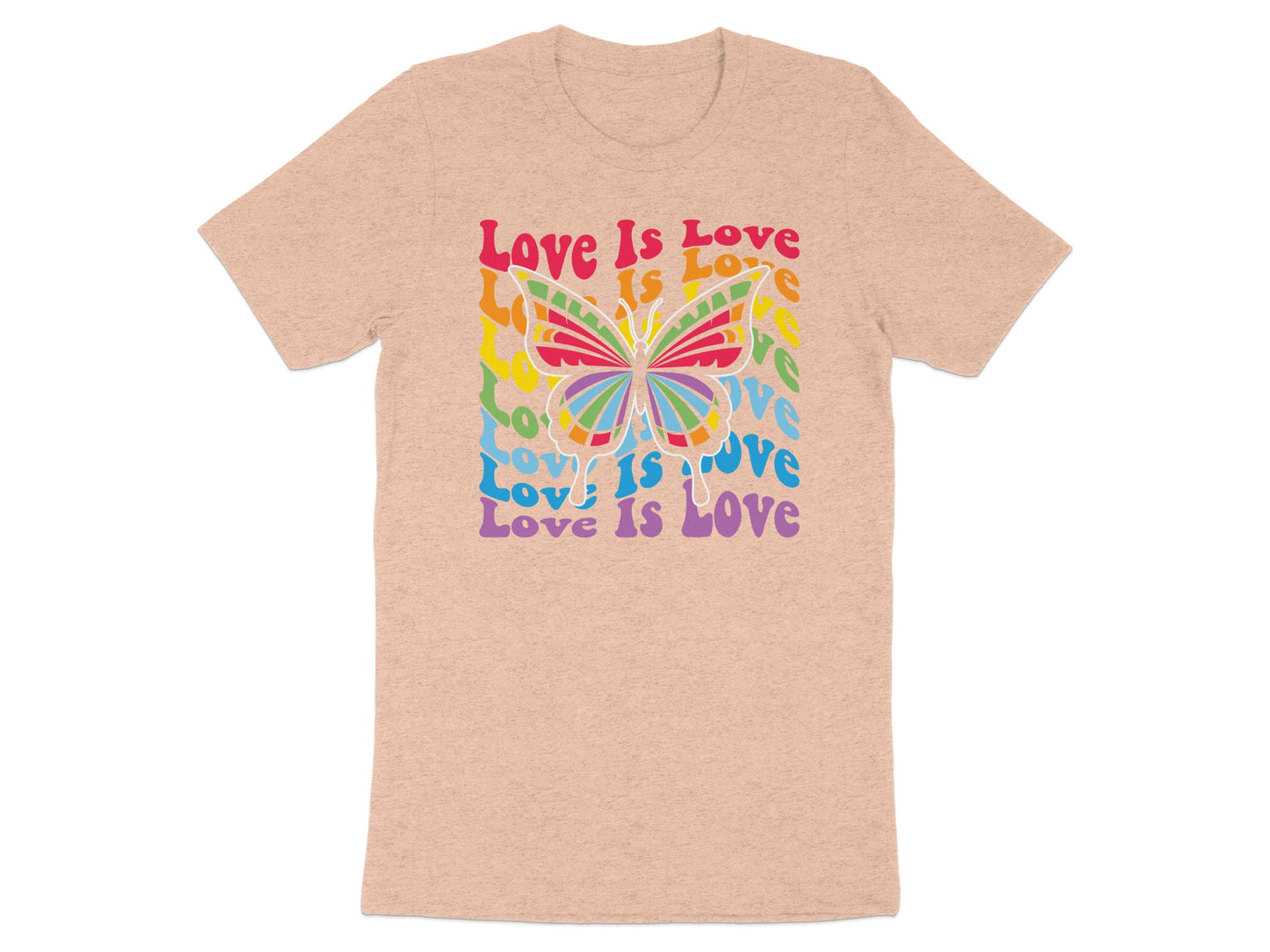 Peach t-shirt with rainbow butterfly and "Love Is Love" text.