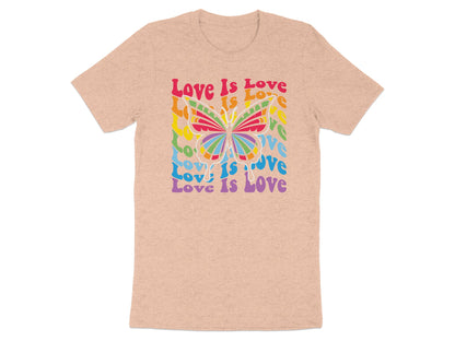 Peach t-shirt with rainbow butterfly and "Love Is Love" text.