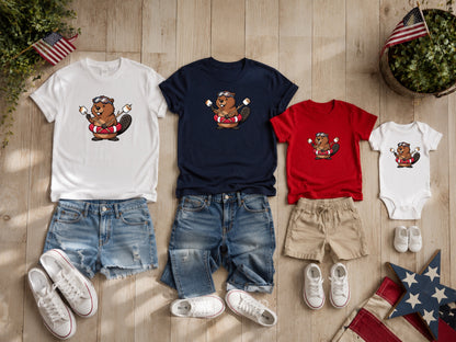 Matching family t-shirts and baby onesie with beaver graphic.