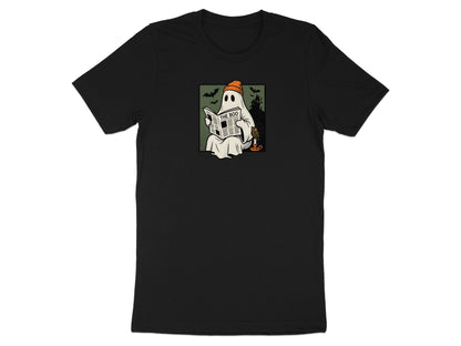 Black t-shirt with a cartoon ghost wearing an orange hat reading "The Boo" newspaper.
