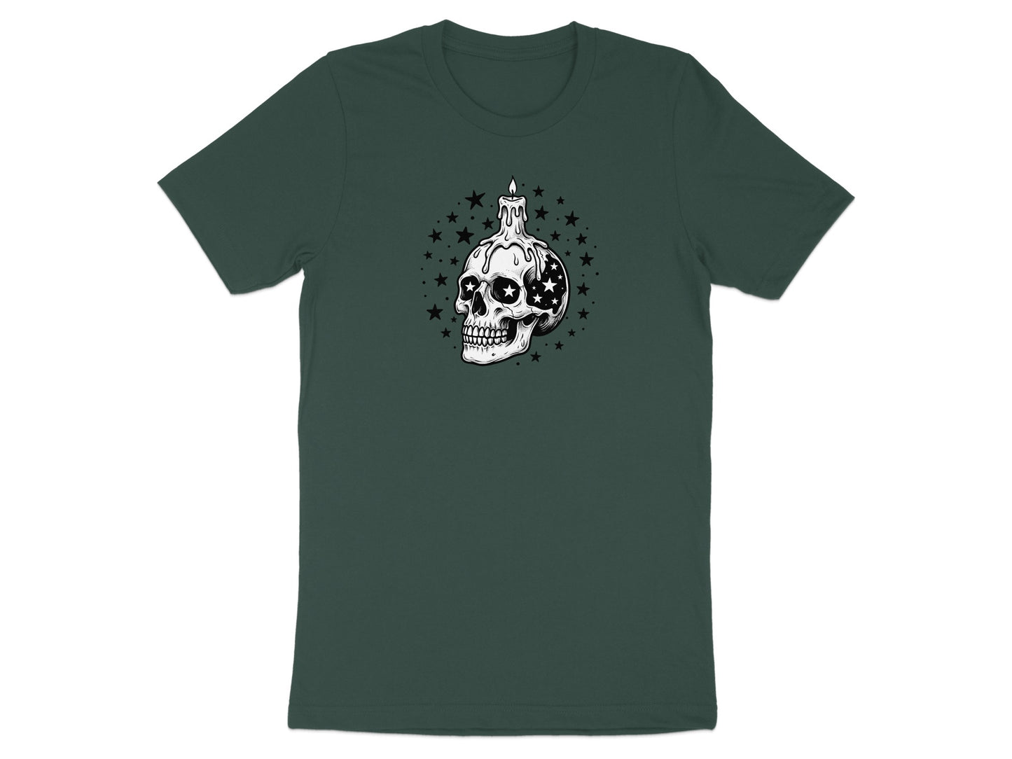 T-shirt with skull and melting candle design surrounded by stars.