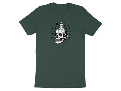 T-shirt with skull and melting candle design surrounded by stars.