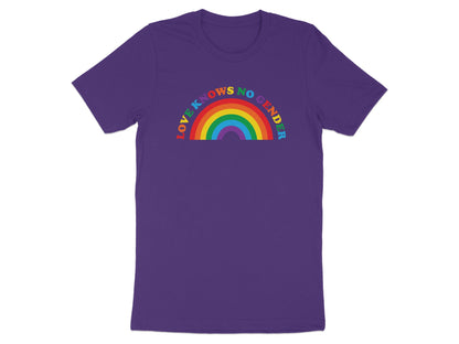 Purple t-shirt with rainbow text "LOVE KNOWS NO GENDER" arched across the chest.