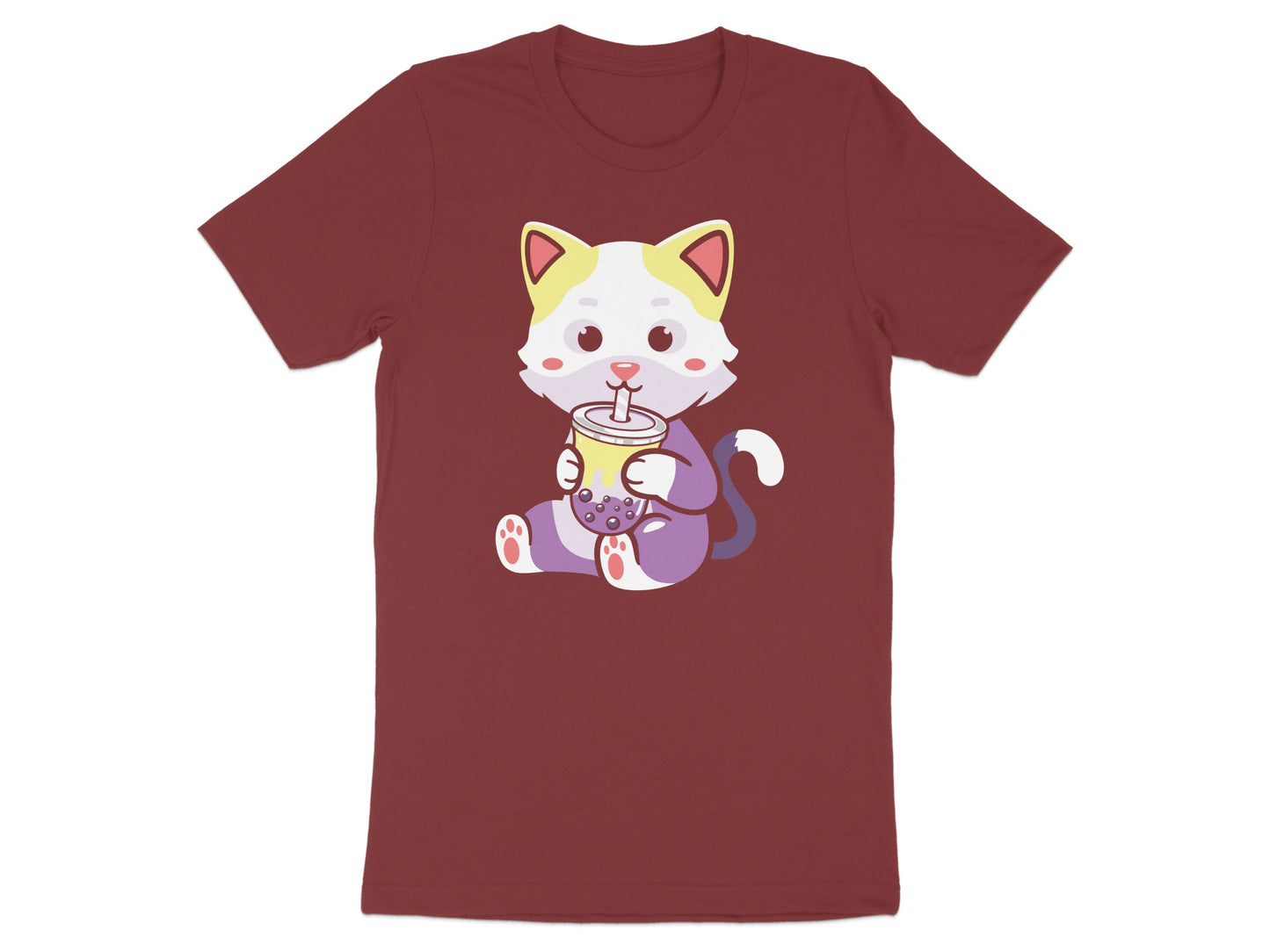 Cartoon cat wearing a t-shirt and holding a cup of bubble tea.