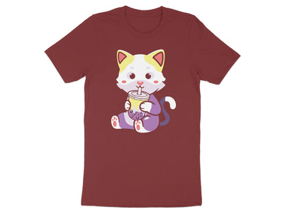 Cartoon cat wearing a t-shirt and holding a cup of bubble tea.