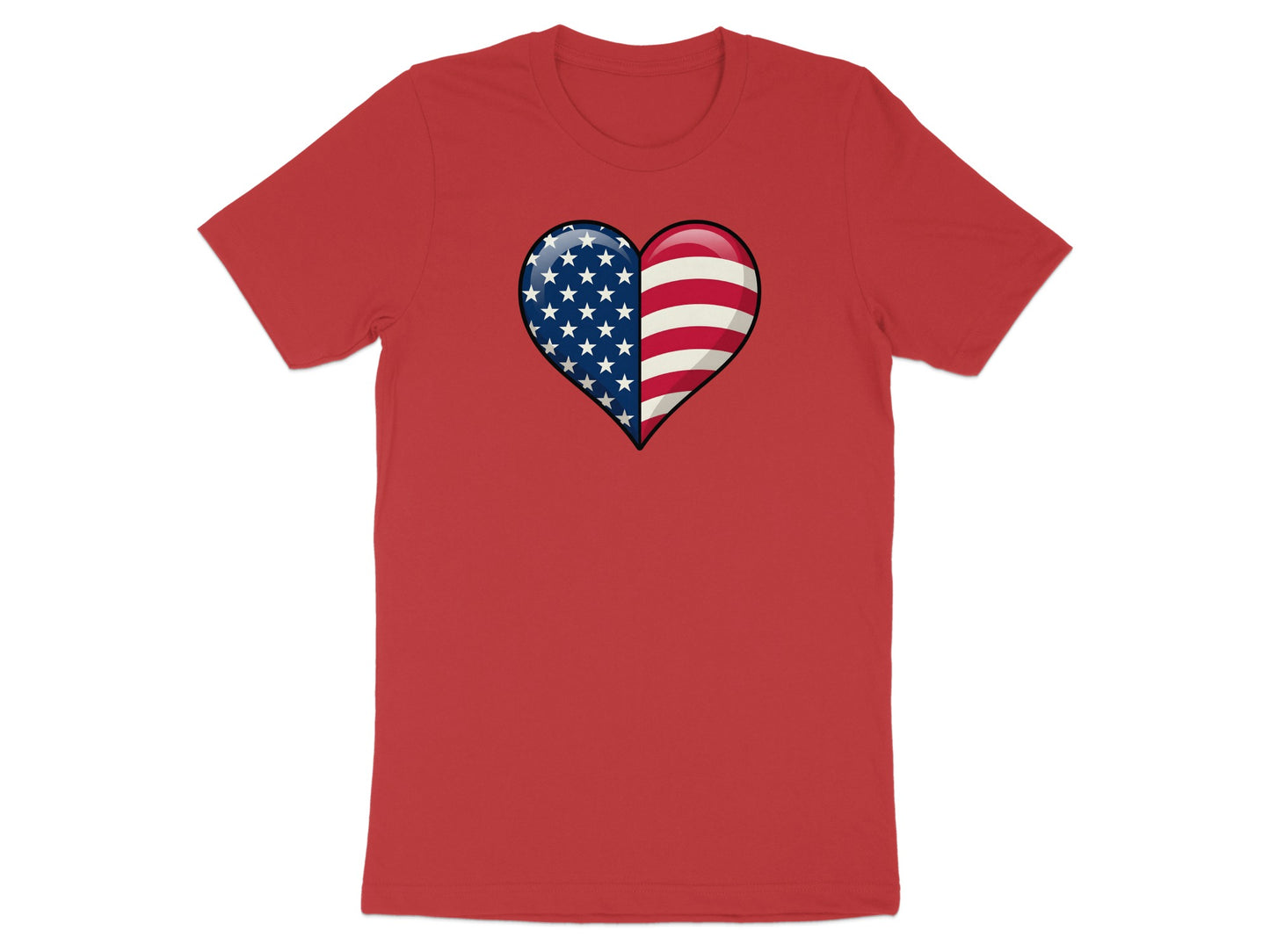 Red t-shirt with a heart graphic featuring the American flag.