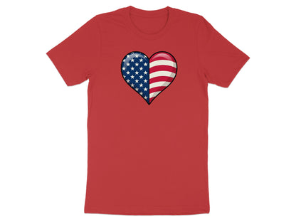 Red t-shirt with a heart graphic featuring the American flag.