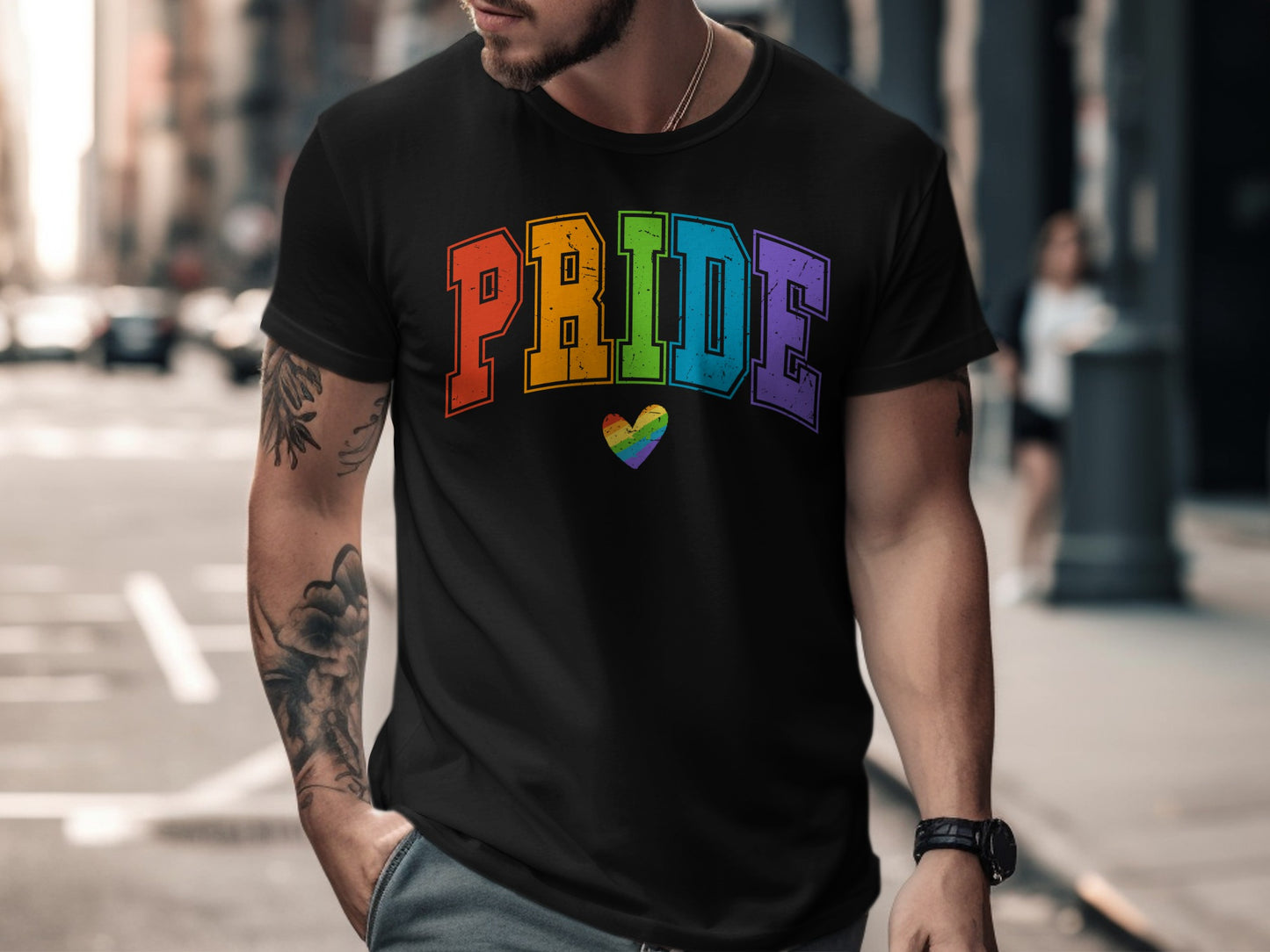 Black t-shirt with "PRIDE" text and rainbow heart logo.