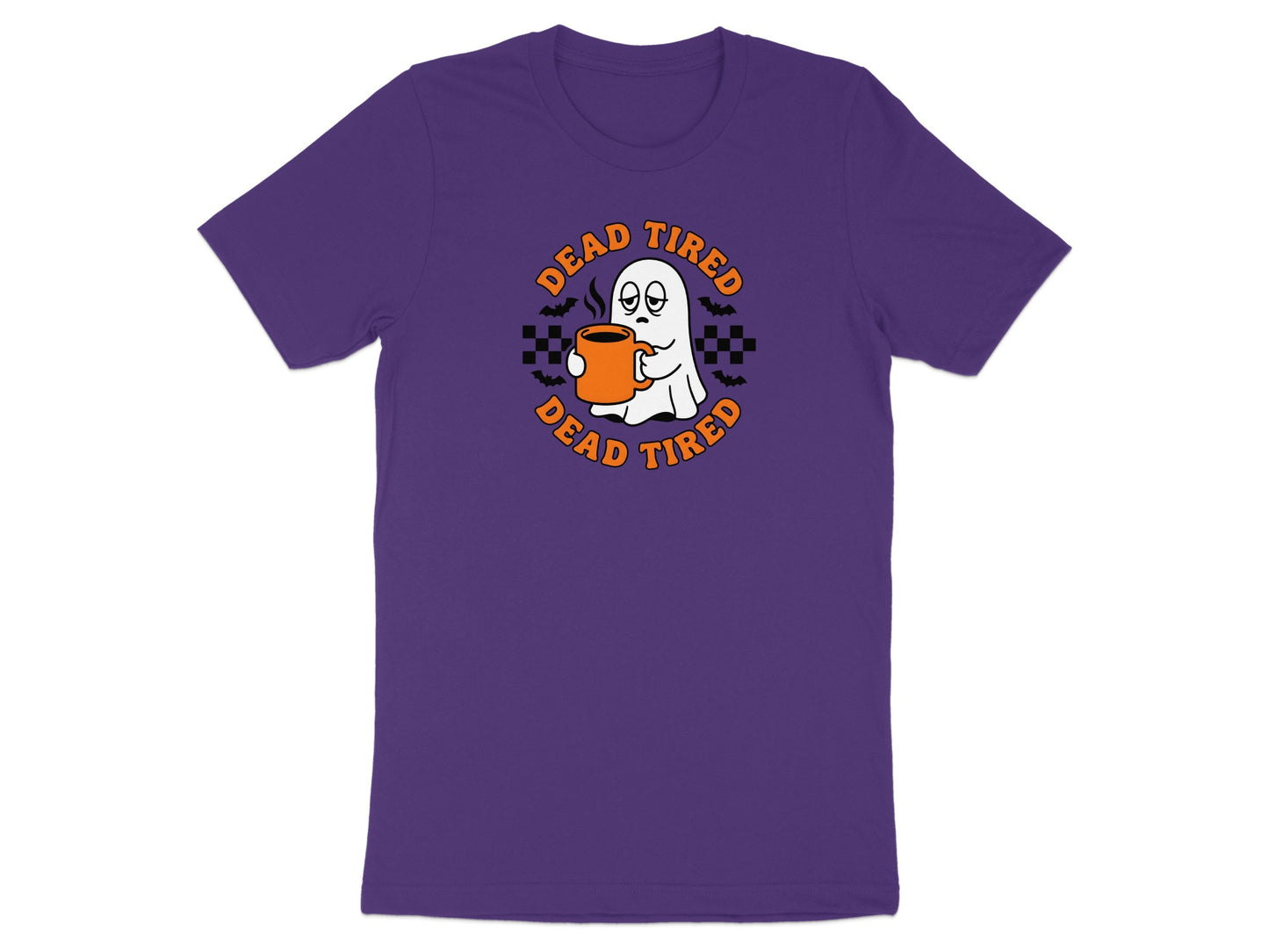 Ghost holding coffee mug with "Dead Tired" text and bats on purple t-shirt.