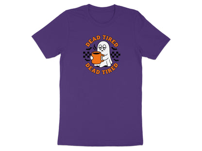 Ghost holding coffee mug with "Dead Tired" text and bats on purple t-shirt.