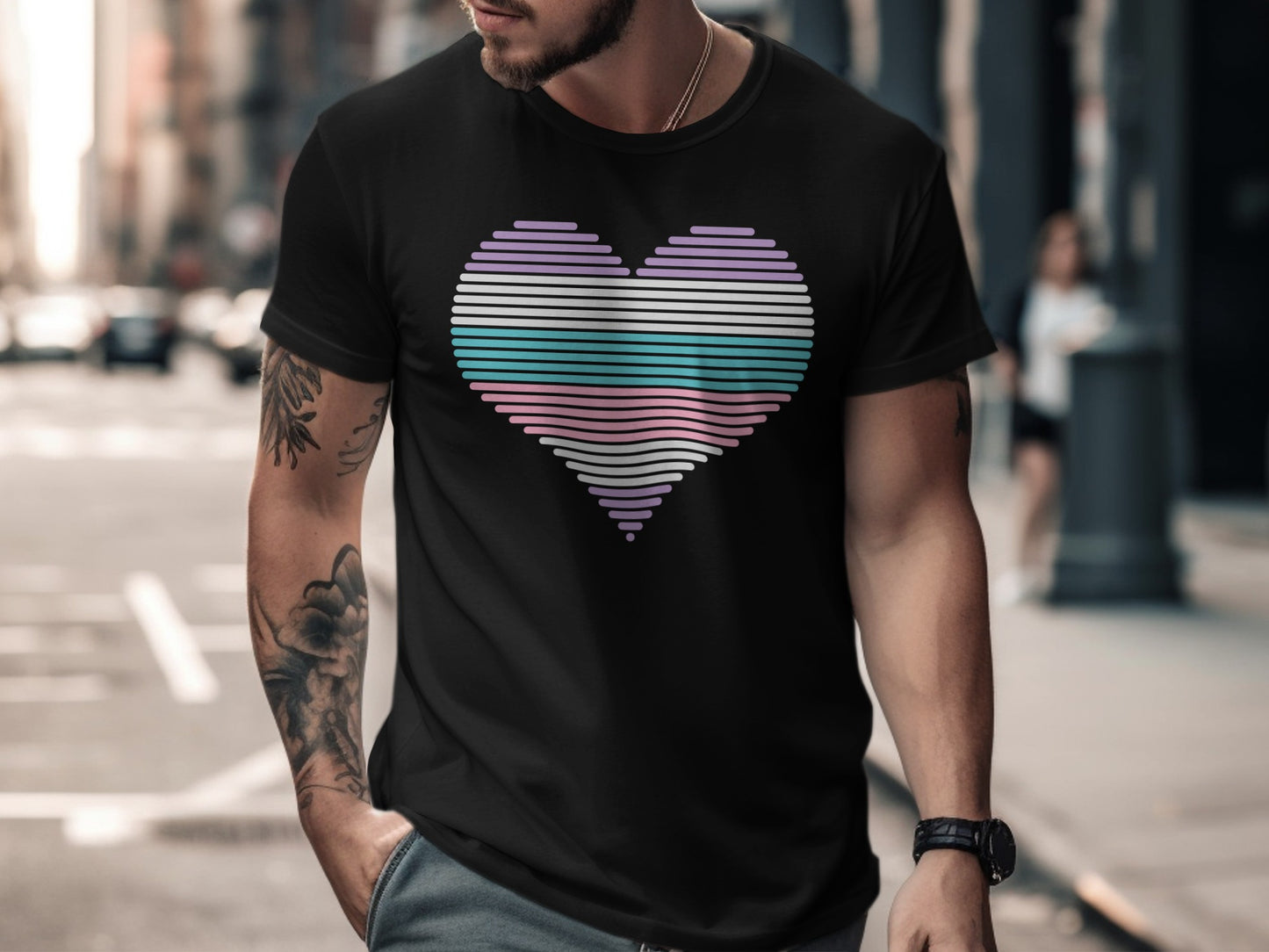 Black t-shirt with a horizontal striped heart in pastel colors.