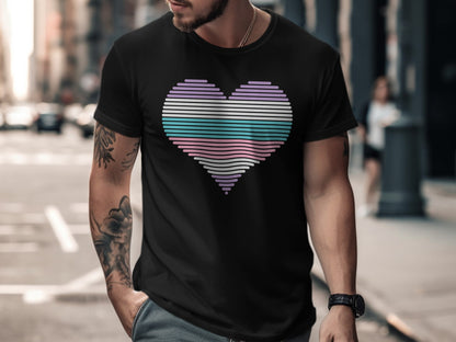 Black t-shirt with a horizontal striped heart in pastel colors.