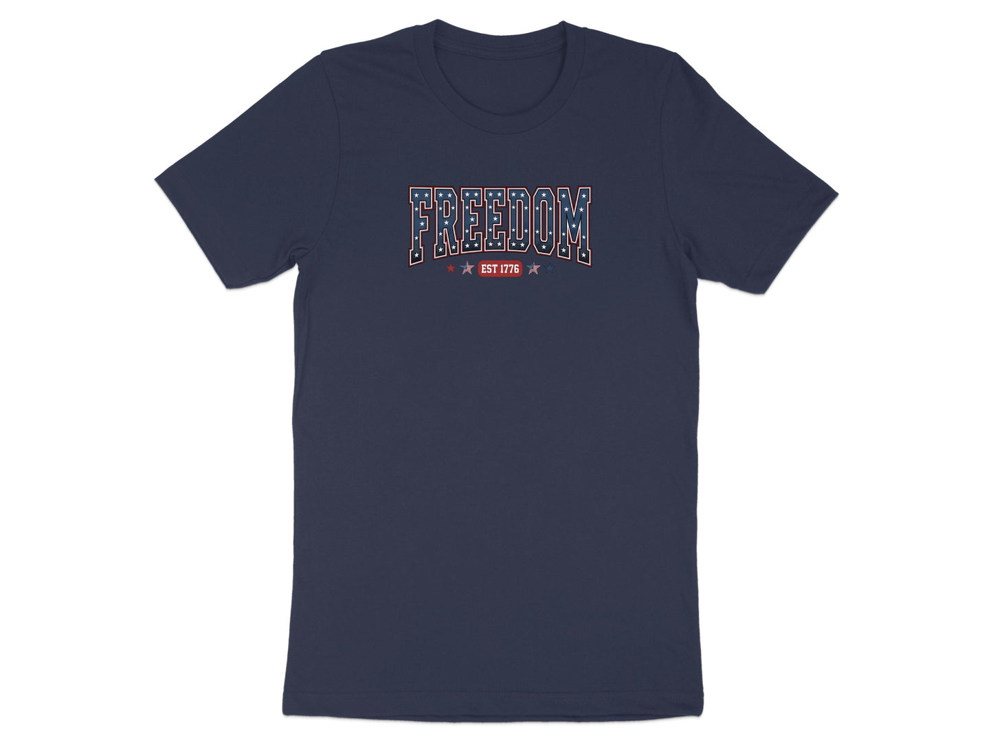 Navy t-shirt with "FREEDOM EST 1776" printed in red, white, and blue.