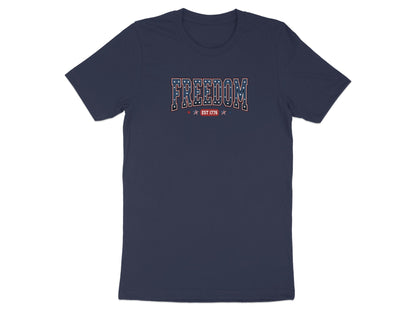 Navy t-shirt with "FREEDOM EST 1776" printed in red, white, and blue.