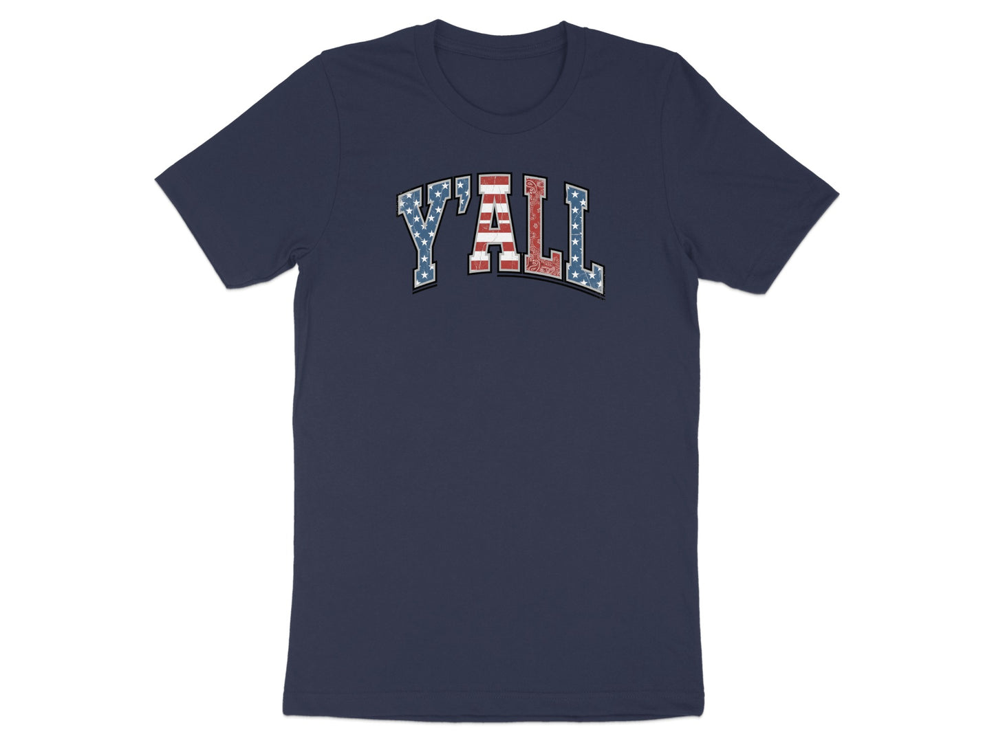 Navy t-shirt with "Y'ALL" in distressed American flag design.