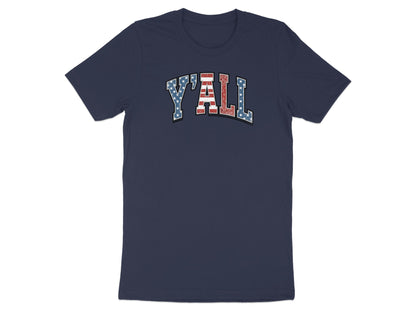 Navy t-shirt with "Y'ALL" in distressed American flag design.