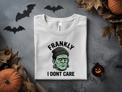 White T-shirt with "Frankly I Don't Care" and Frankenstein's head graphic.