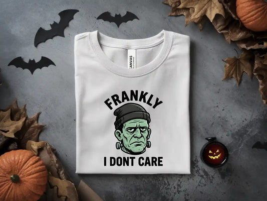 White T-shirt with "Frankly I Don't Care" and Frankenstein's head graphic.