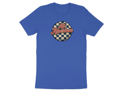 Blue t-shirt with "All American" in retro font on checkered circle.