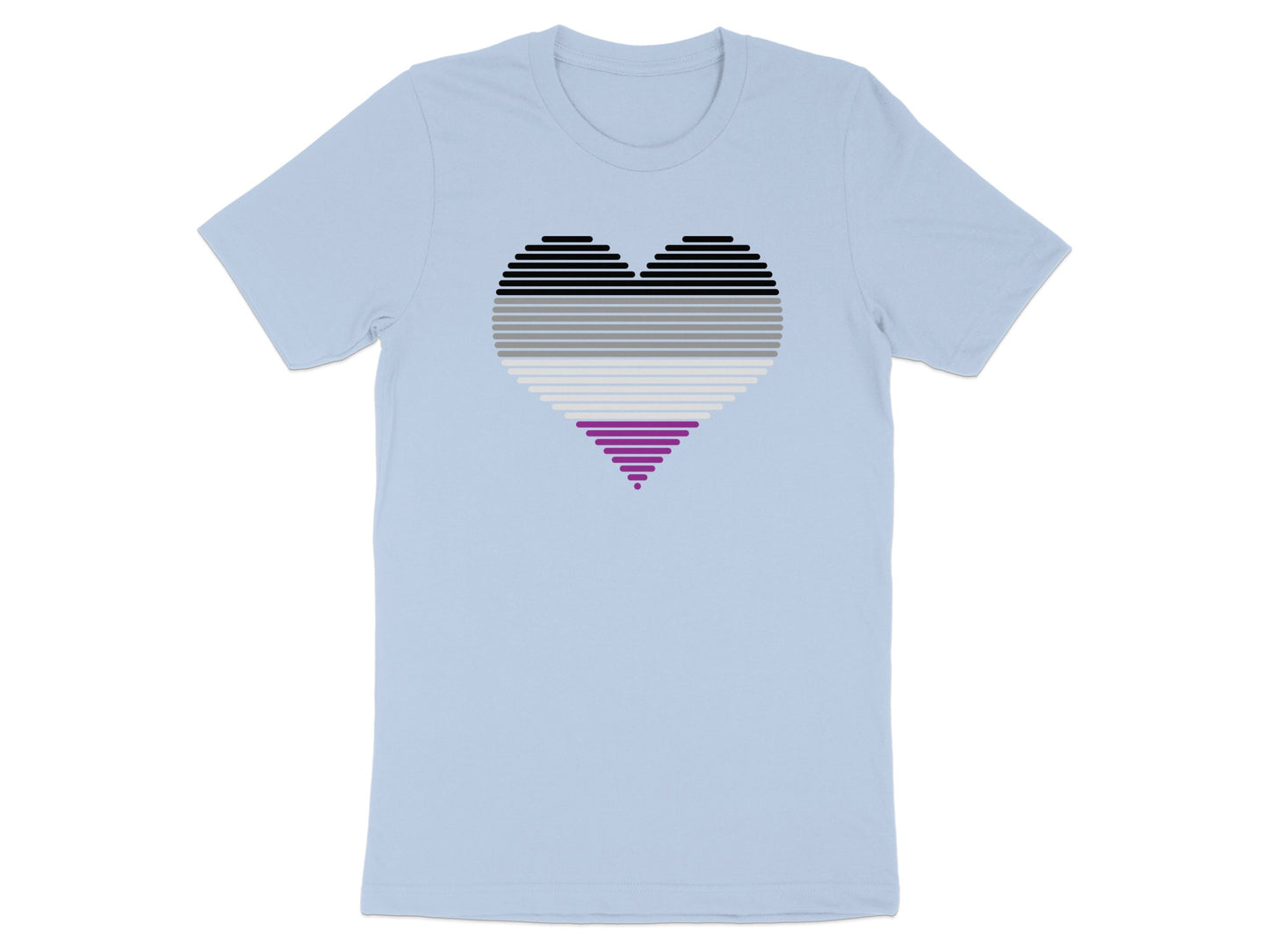 Light blue t-shirt with a striped ace flag heart design.