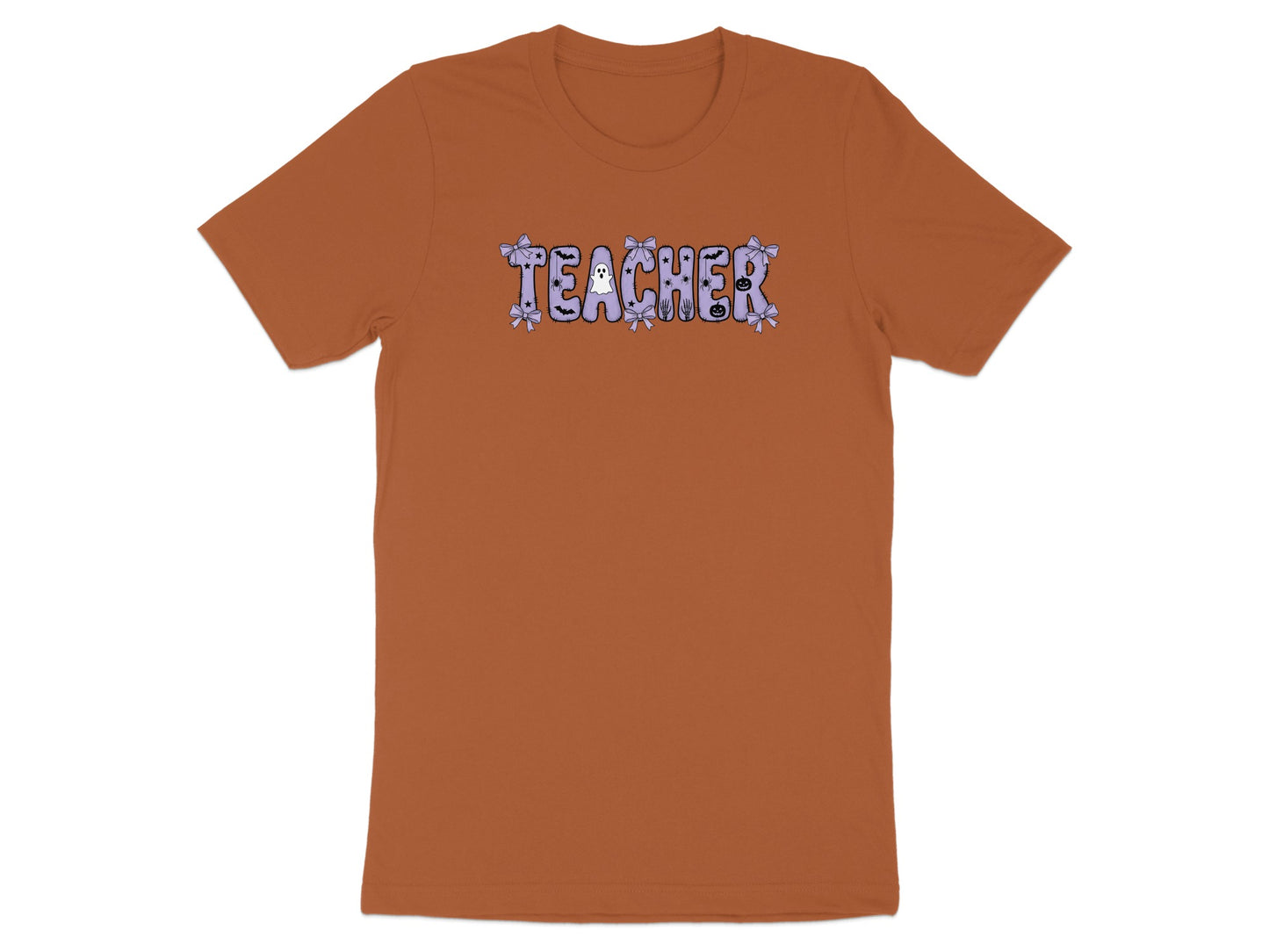 Orange t-shirt with "TEACHER" text in a Halloween-themed font.