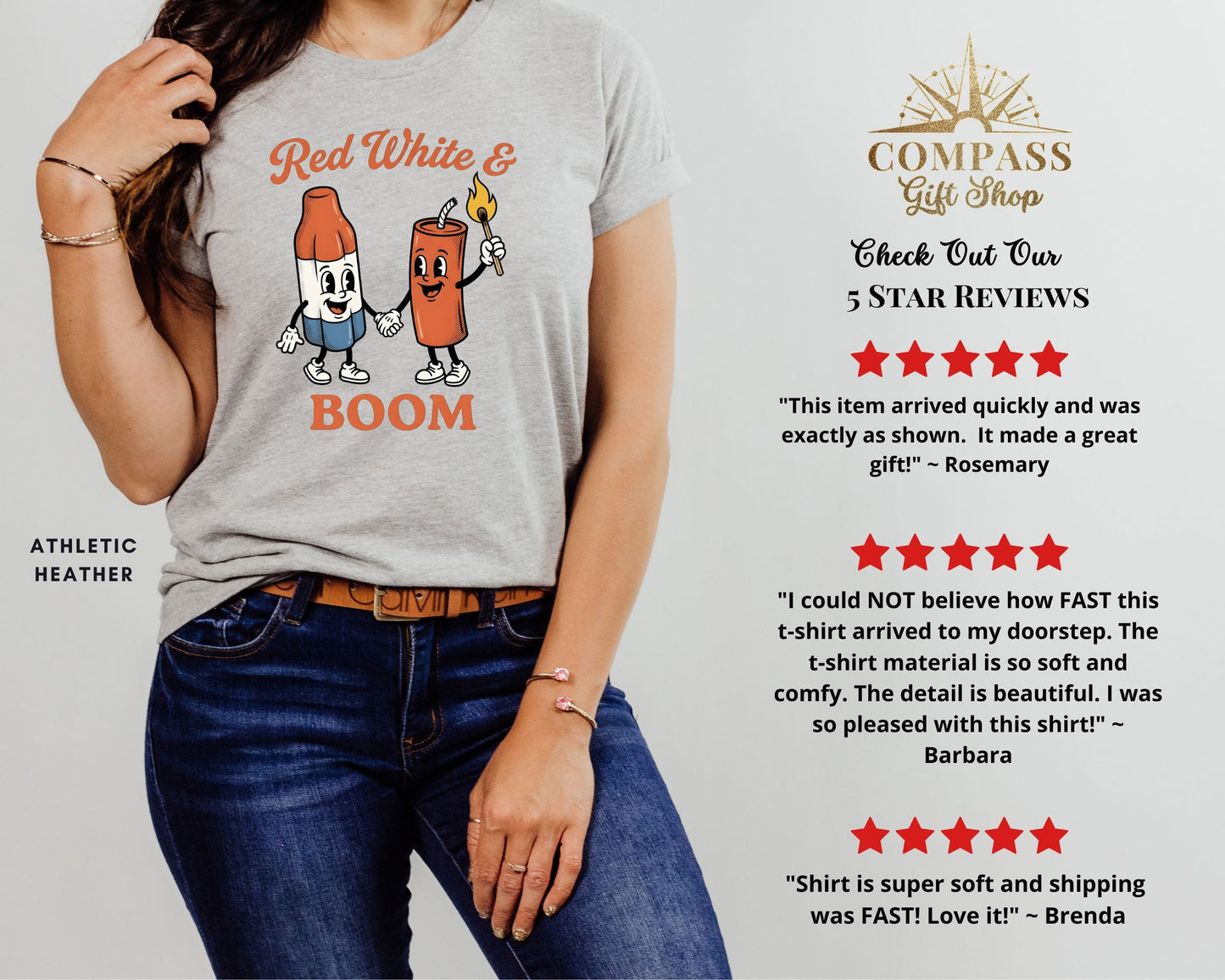 Red White & BOOM graphic tee with customer reviews on gray heather shirt.