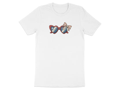 White t-shirt with heart-shaped sunglasses featuring stars and stripes.