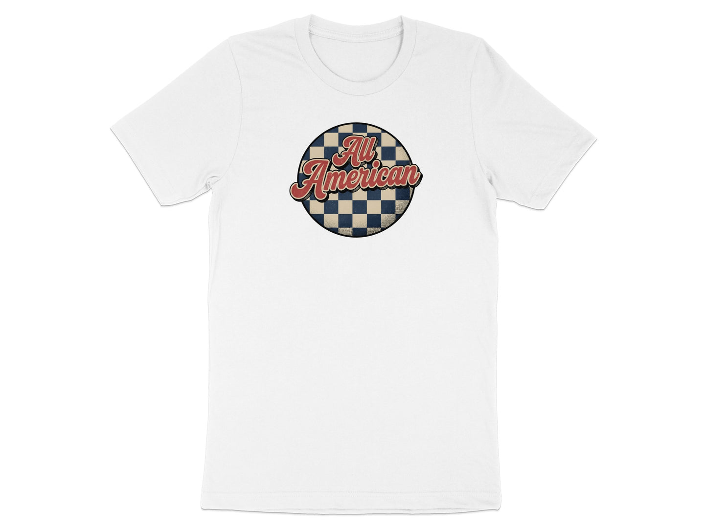 White t-shirt with round "All American" graphic and checkered pattern.