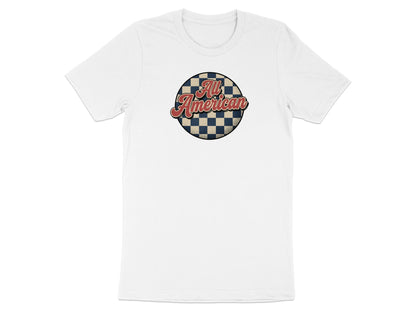White t-shirt with round "All American" graphic and checkered pattern.