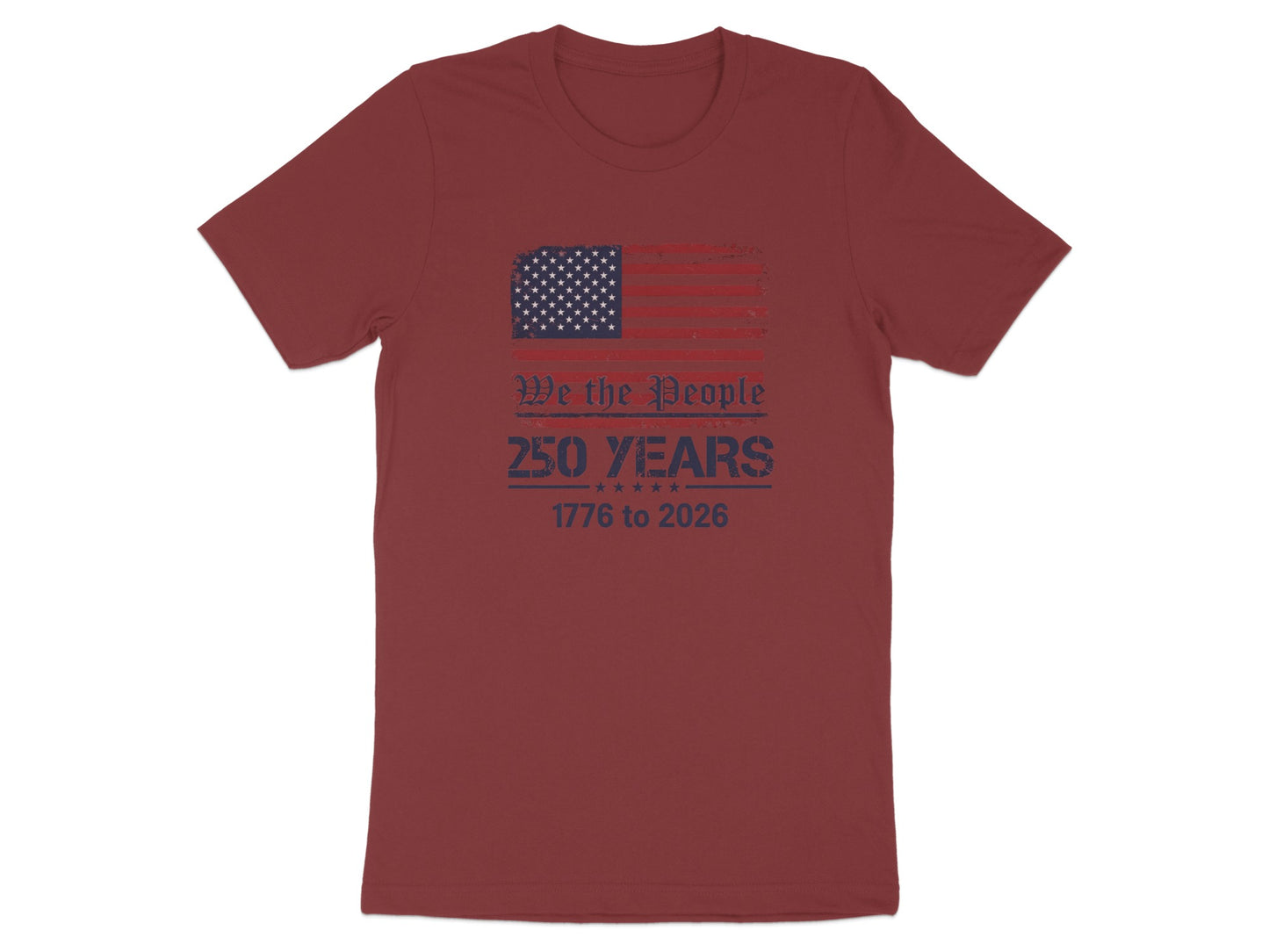 Maroon t-shirt with distressed American flag and "250 Years 1776 to 2026" text.