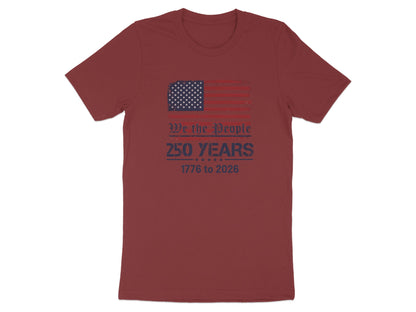 Maroon t-shirt with distressed American flag and "250 Years 1776 to 2026" text.