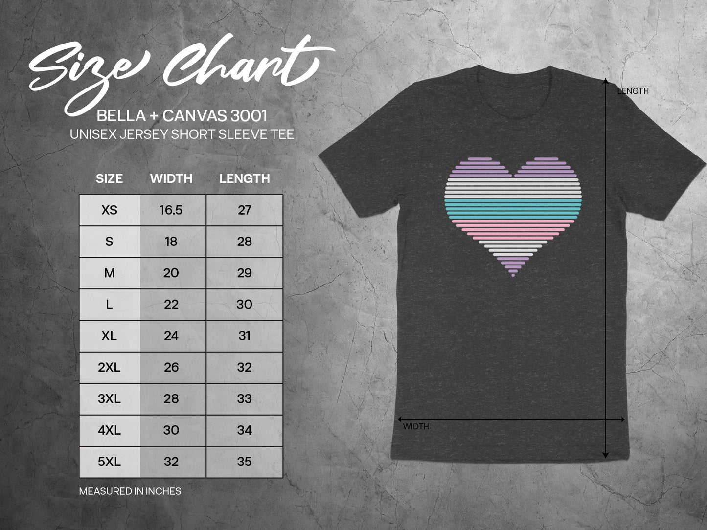 Unisex short sleeve tee size chart with width and length measurements in inches.