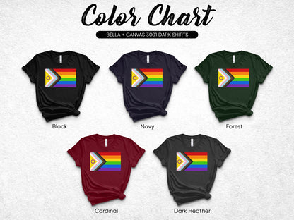 T-shirts displaying a Pride flag in black, navy, forest, cardinal, and dark heather.