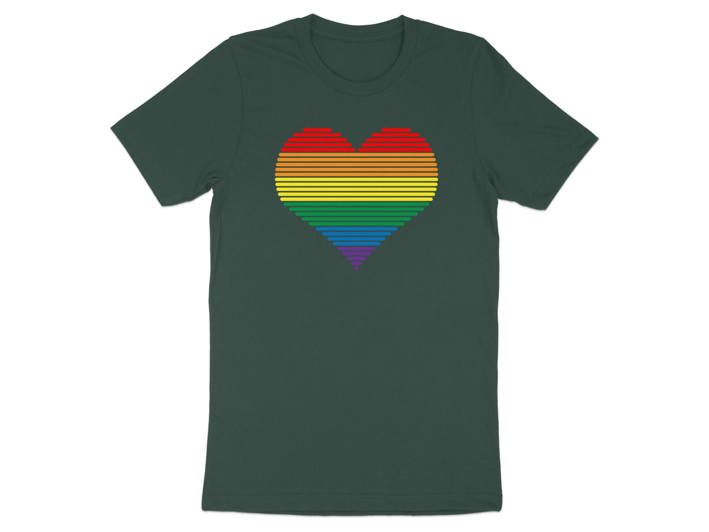 Dark green t-shirt with a rainbow heart graphic made of horizontal lines.