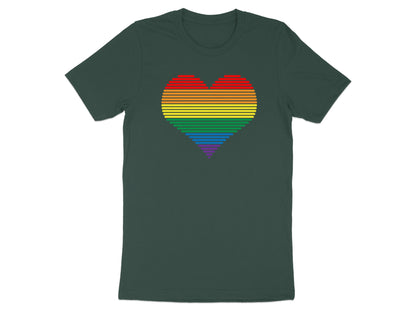 Dark green t-shirt with a rainbow heart graphic made of horizontal lines.