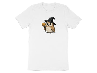 Cartoon owl wearing a witch hat holds an apple on a stick.
