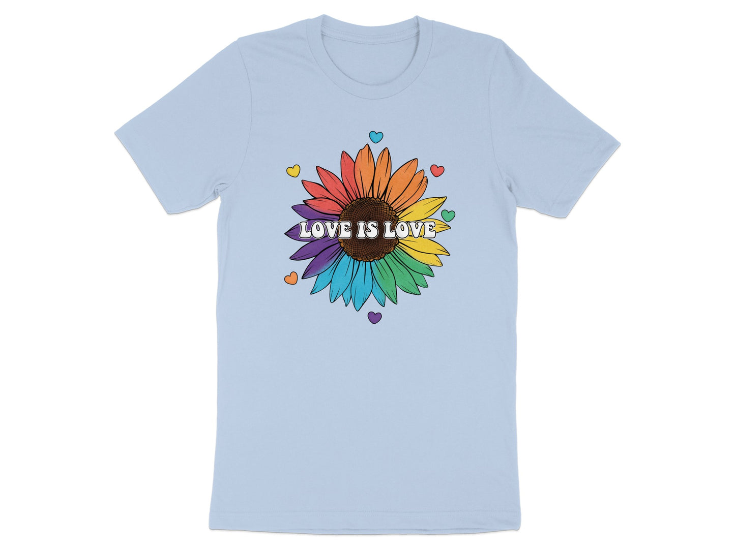 Light blue t-shirt with rainbow sunflower and "Love is Love" text.