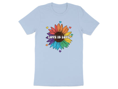 Light blue t-shirt with rainbow sunflower and "Love is Love" text.