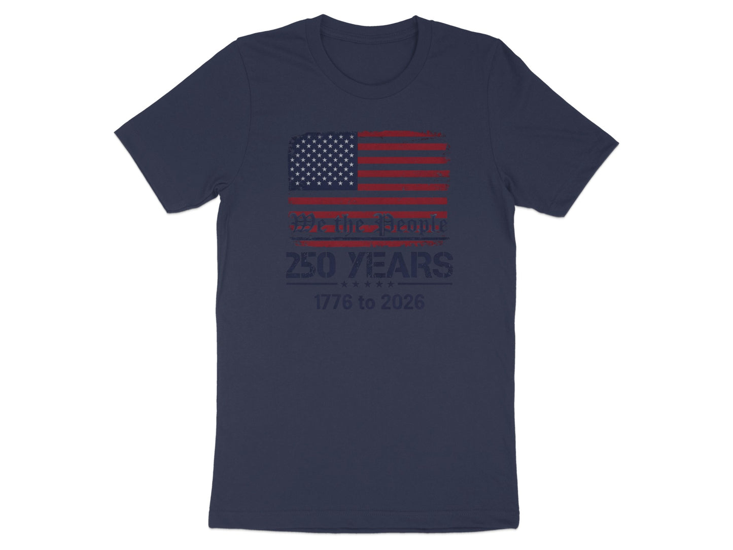 Navy t-shirt with distressed American flag and "We The People 1776 to 2026" text.