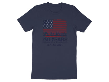 Navy t-shirt with distressed American flag and "We The People 1776 to 2026" text.